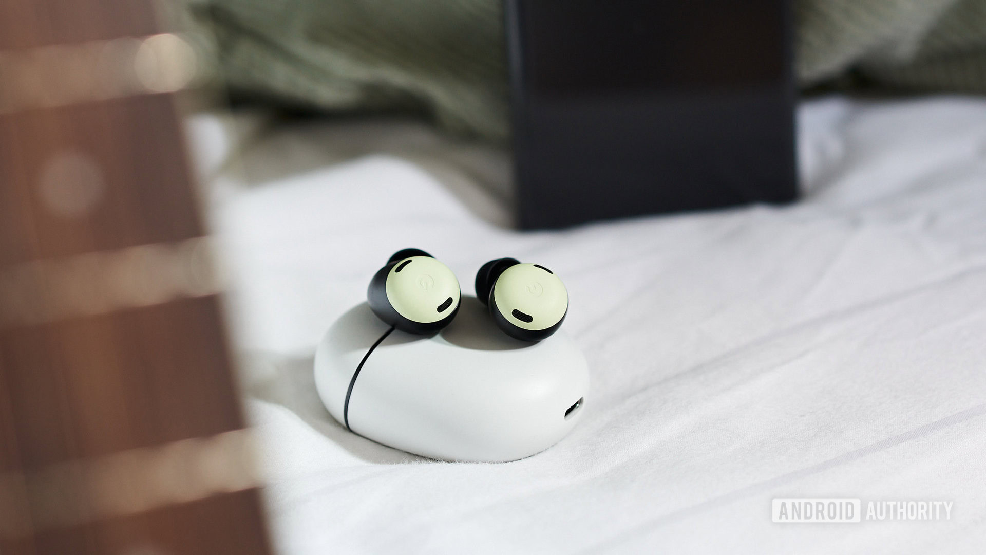 The Google Pixel Buds Pro earbuds on the case.