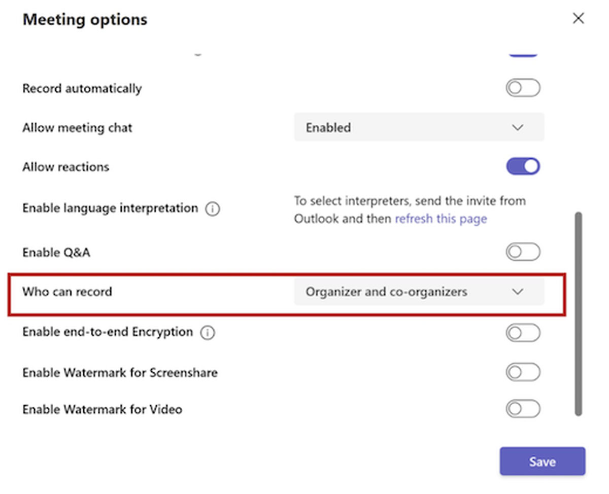 Microsoft Teams Premium plan meeting recording settings