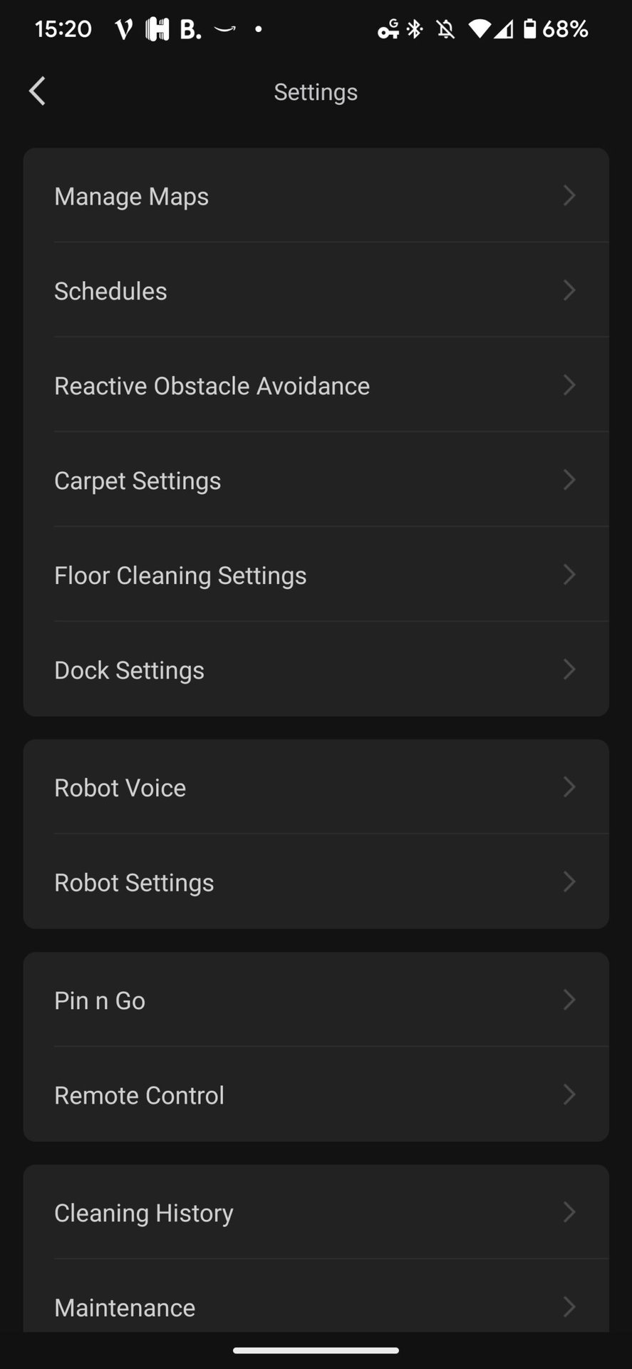 Roborock app settings menu