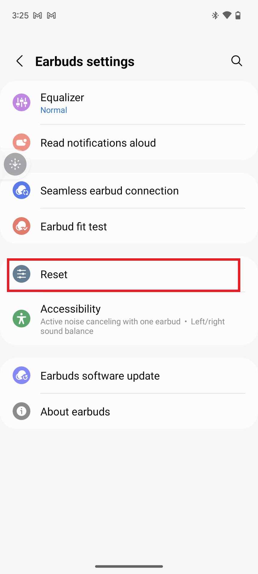 Samsung Galaxy Buds Wearable app Settings reset menu