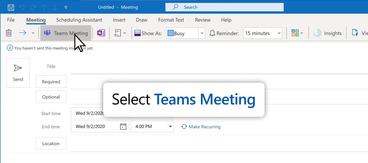 Scheduling a meeting in Outlook using Microsoft Teams 2