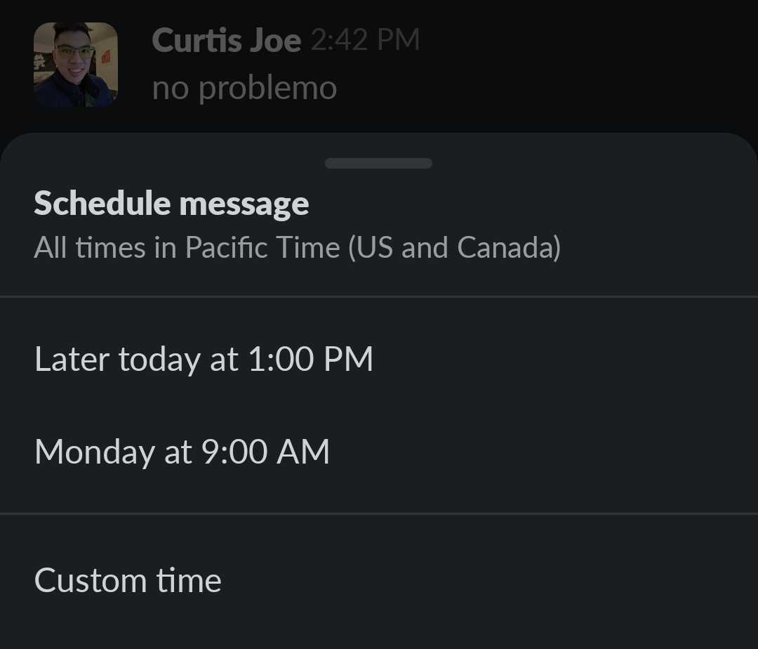 Slack schedule message time options