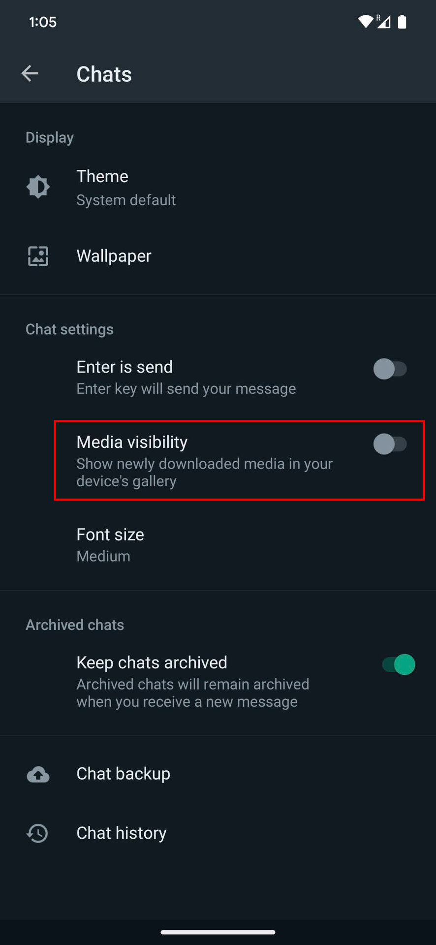 Turn off Media visibility on WhatsApp for Android 4