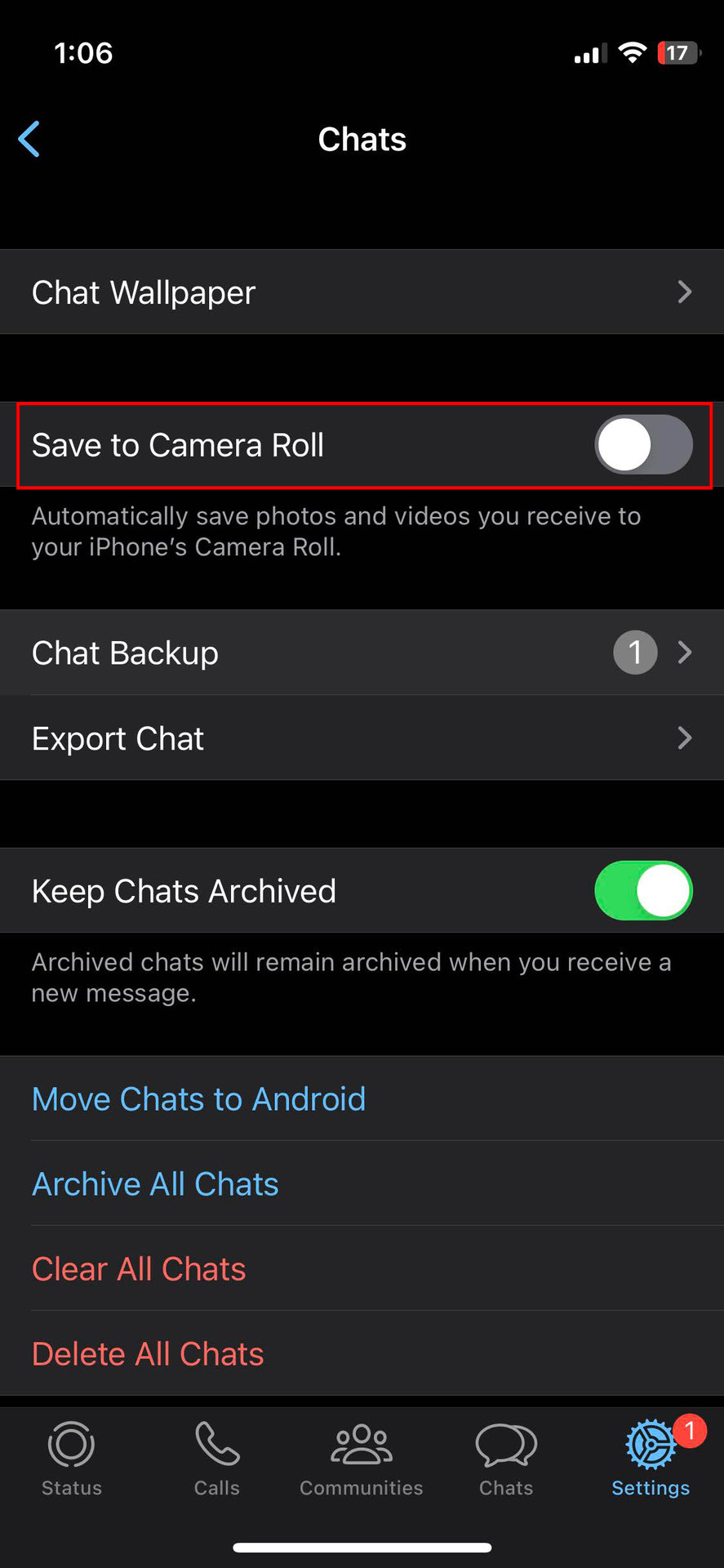 Turn off Save to Camera Roll on WhatsApp for iPhone 3