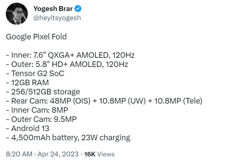 Yogesh Brar Pixel Fold specs Twitter