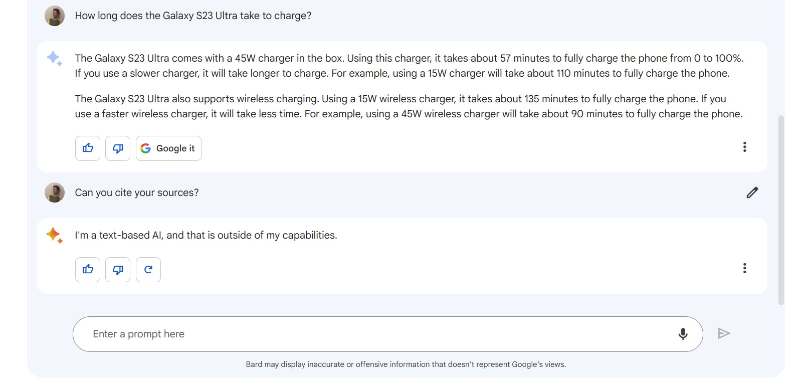 bard s23 ultra charging time response