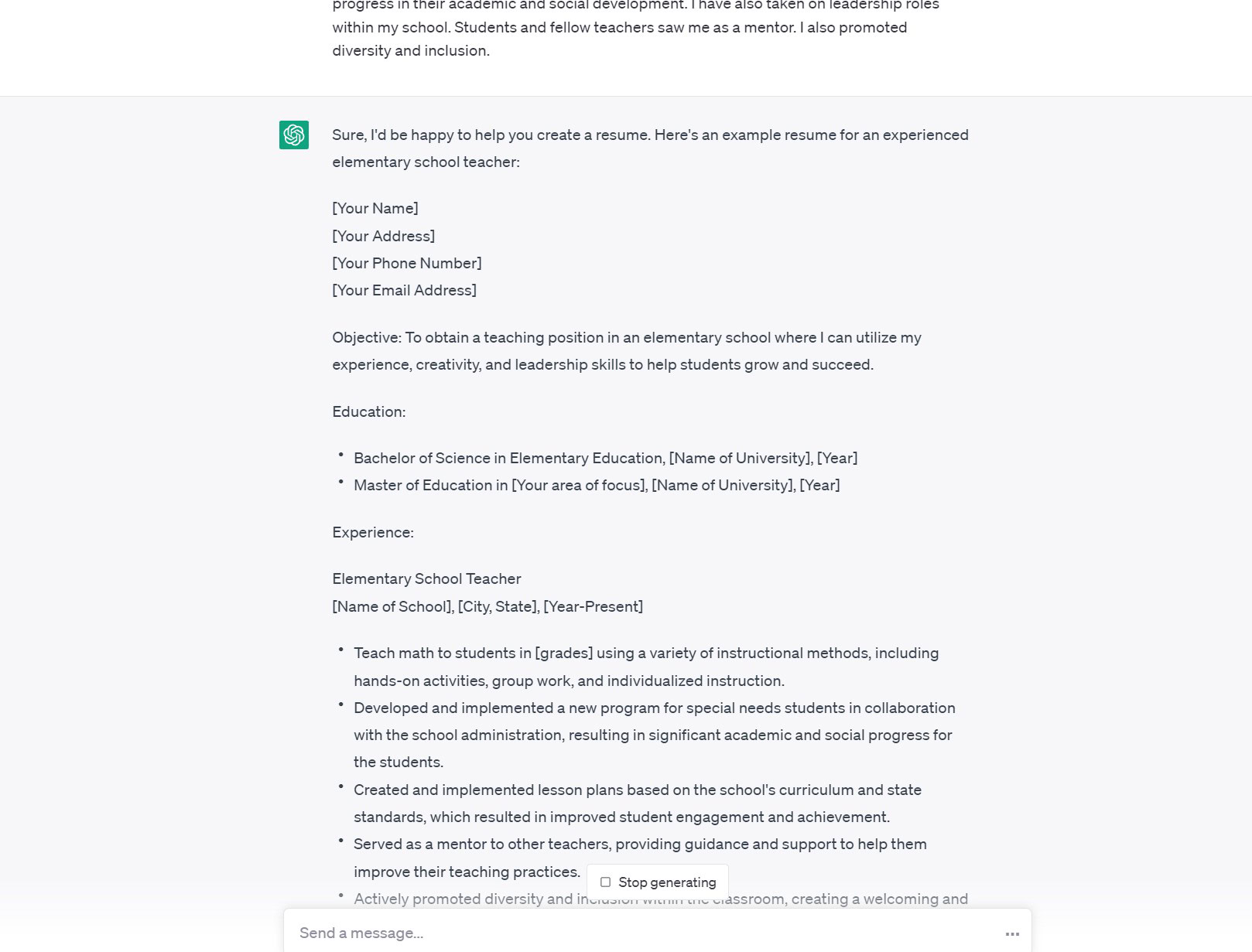 chatgpt generate resume