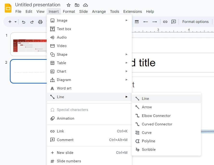 google slides insert line for timeline