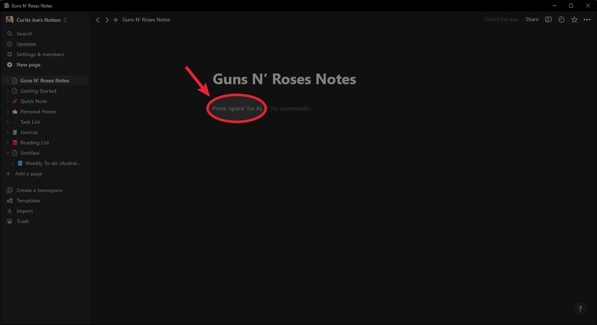 notion desktop press space for ai