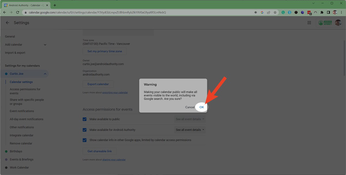 notion google calendar click ok on warning