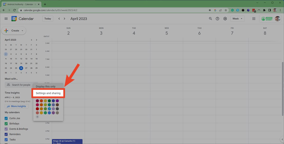 notion google calendar click settings and sharing