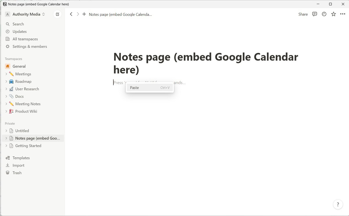 notion google calendar paste public url