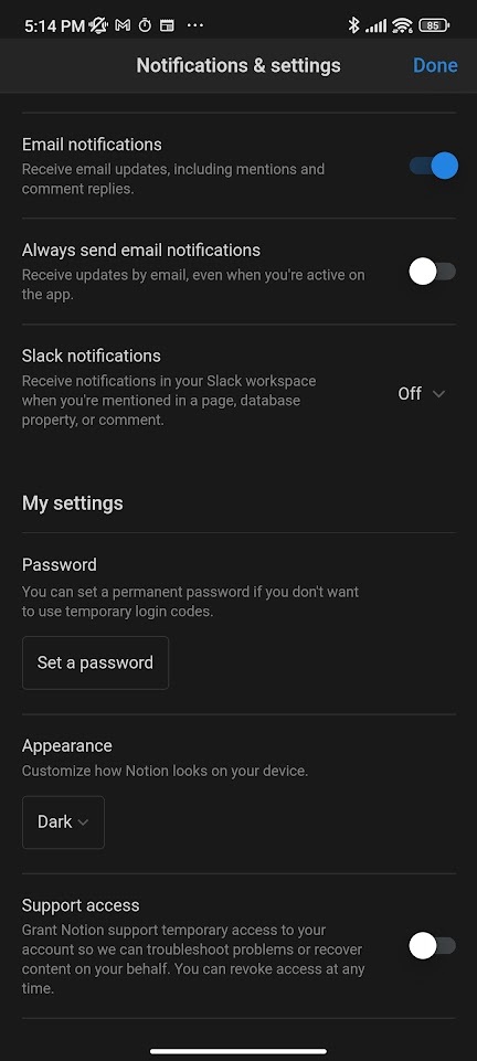 notion mobile dark mode activated