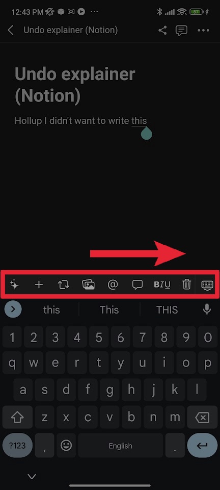 notion mobile swipe right above keyboard