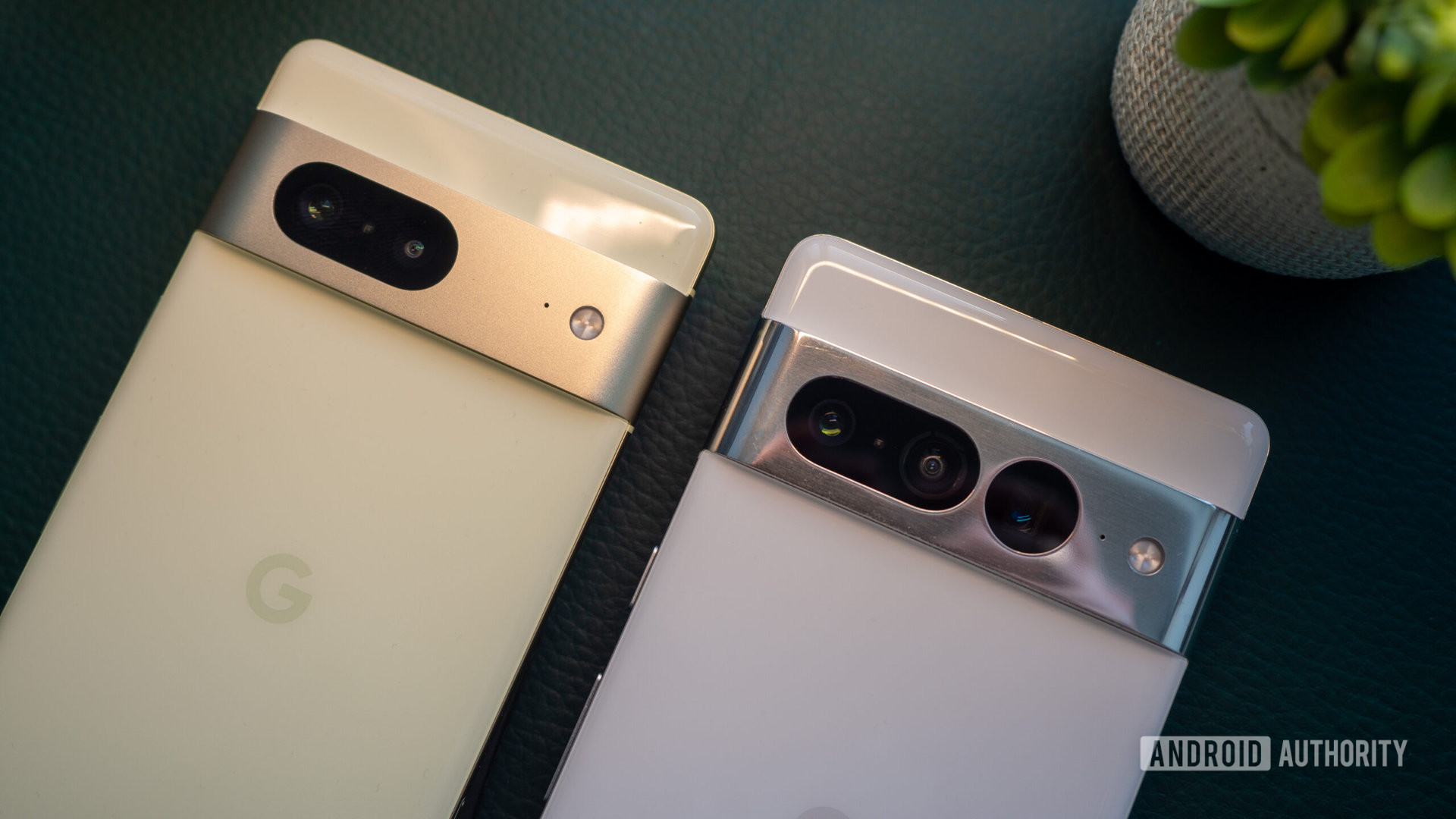 Google Pixel 7 Pro snow white next to Google Pixel 7 lemongrass green