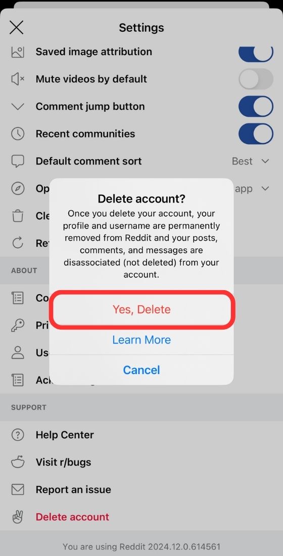 reddit app confirm delete account