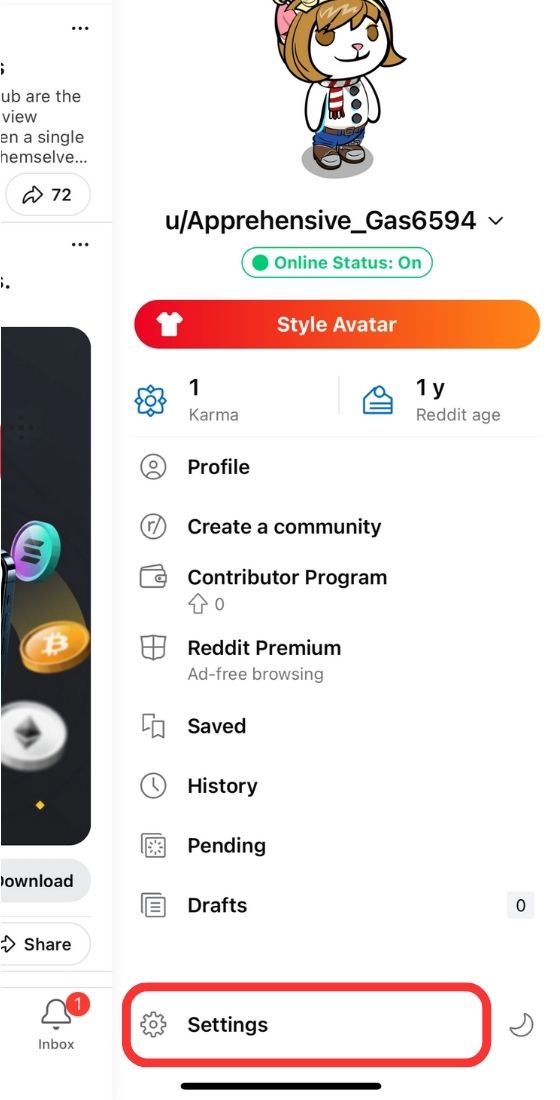 reddit app settings