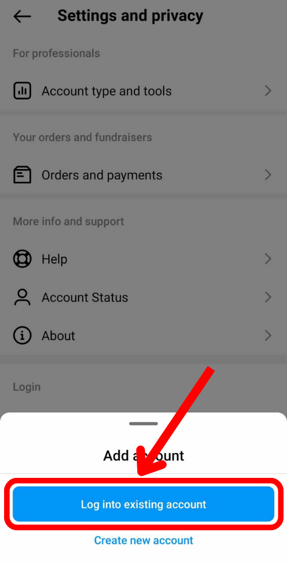 instagram app settings and privacy add account log into existing account button