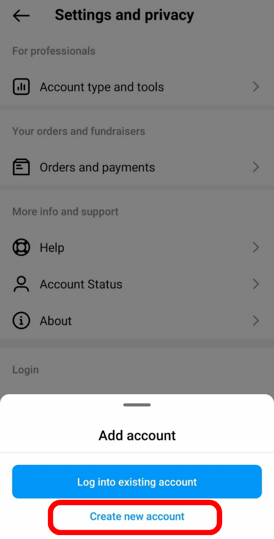 Instagram app settings and privacy add account create new account