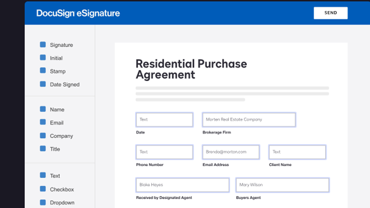A DocuSign field selection mockup