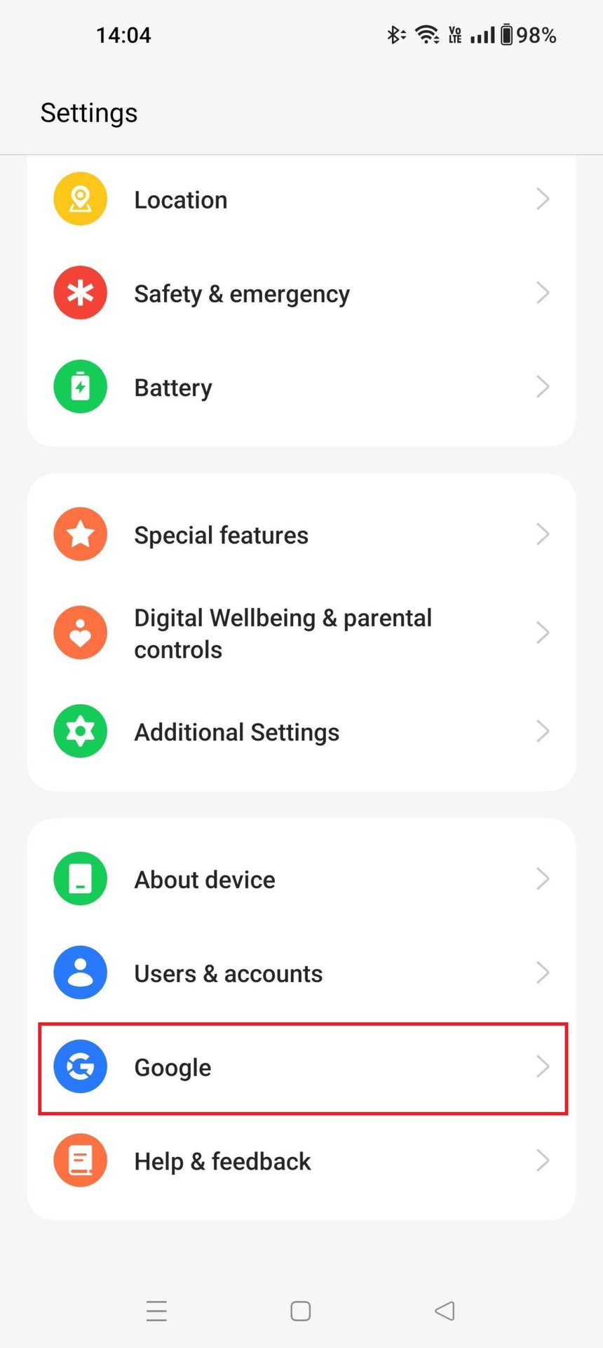 Android Settings Menu Google Highlighted