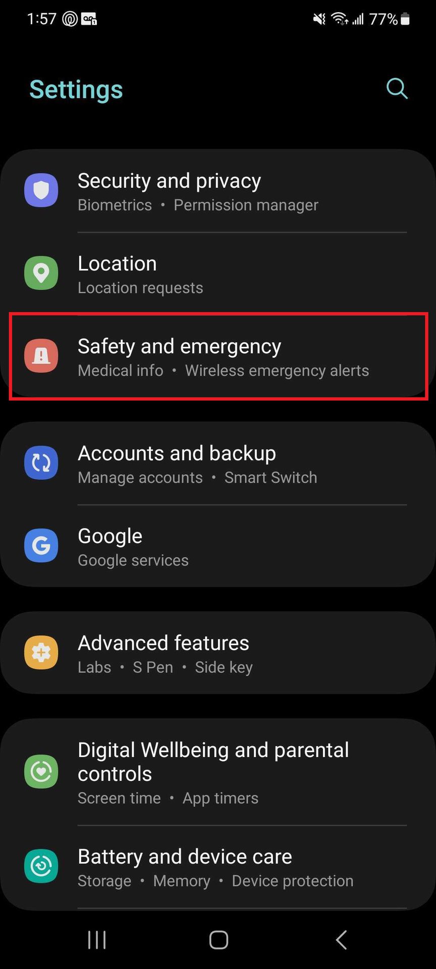Android safety and emergency settings 1