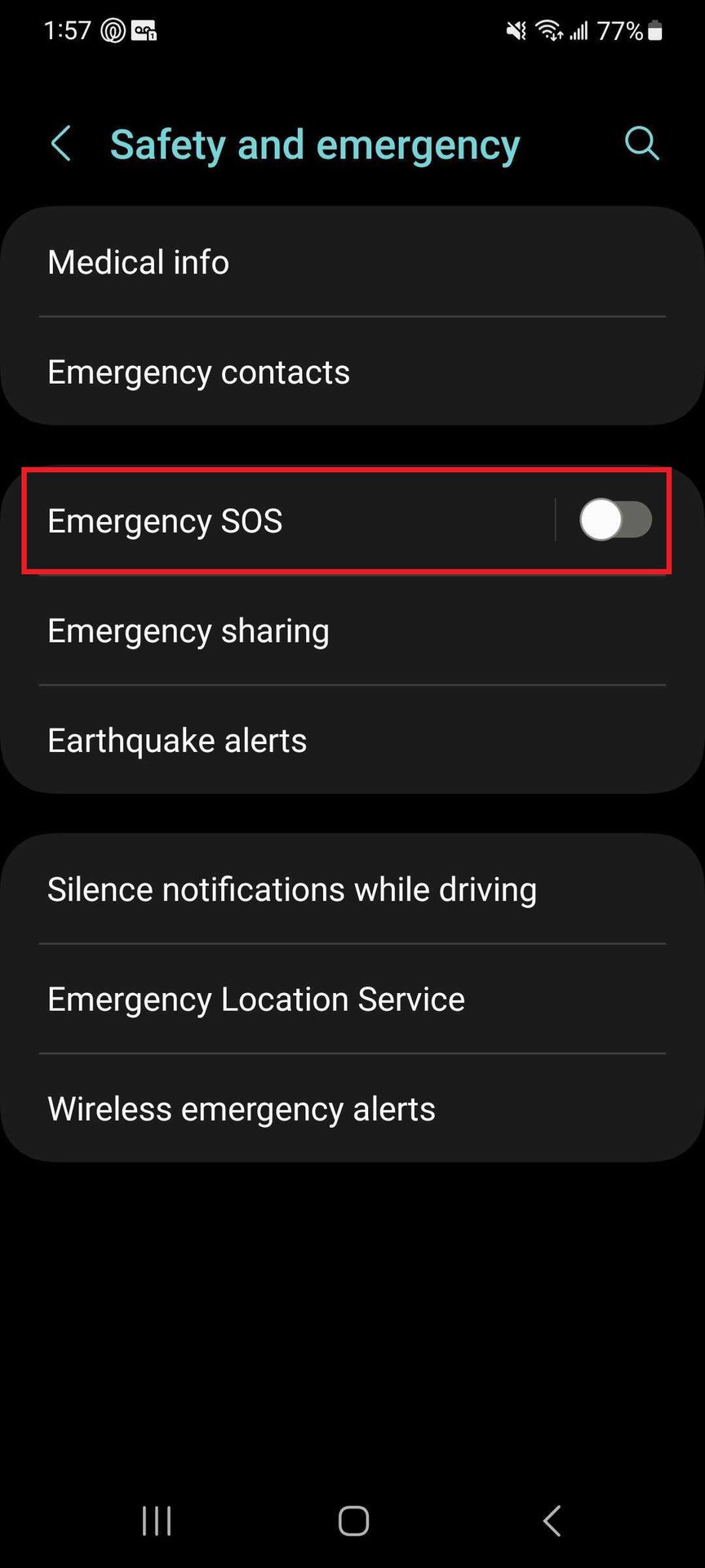 Android safety and emergency settings