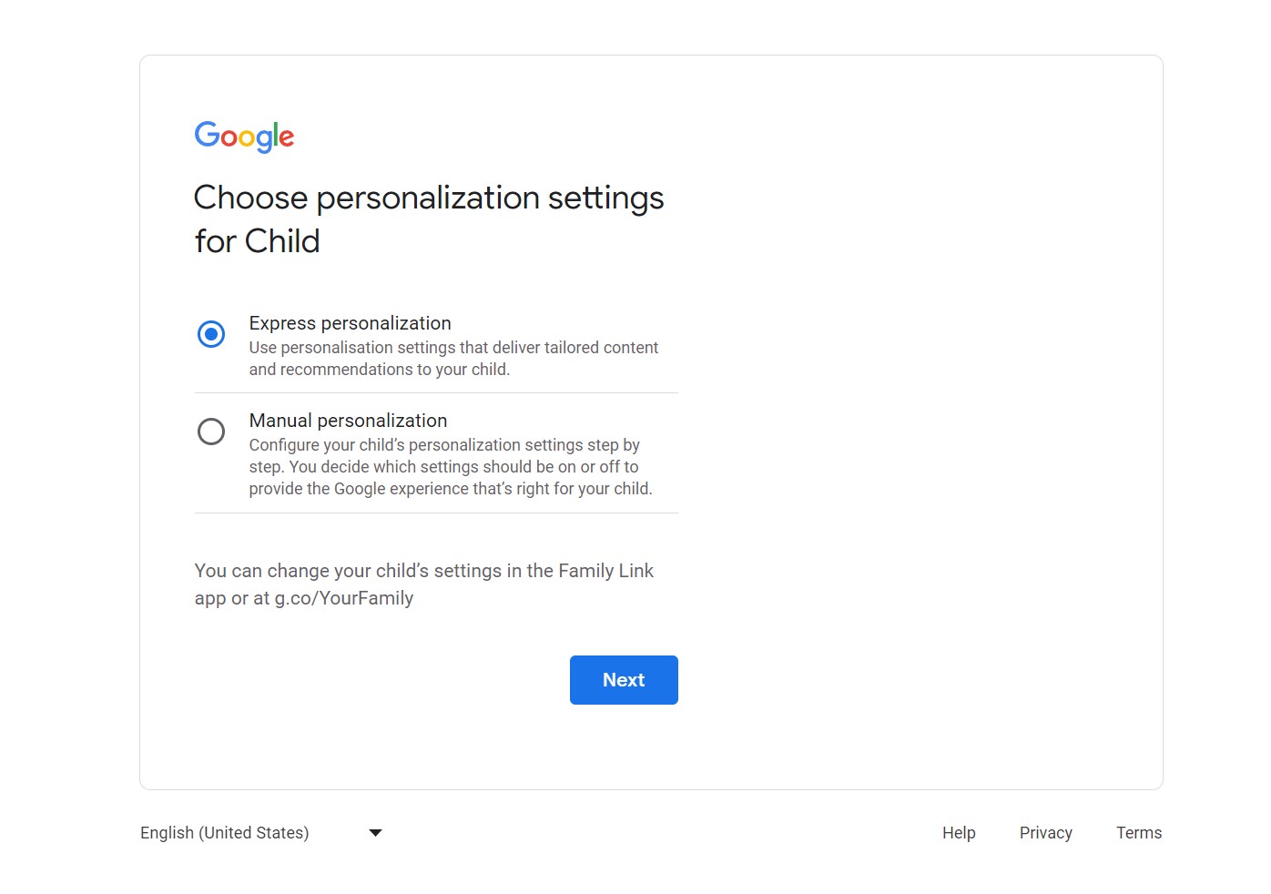 Child personalization settings