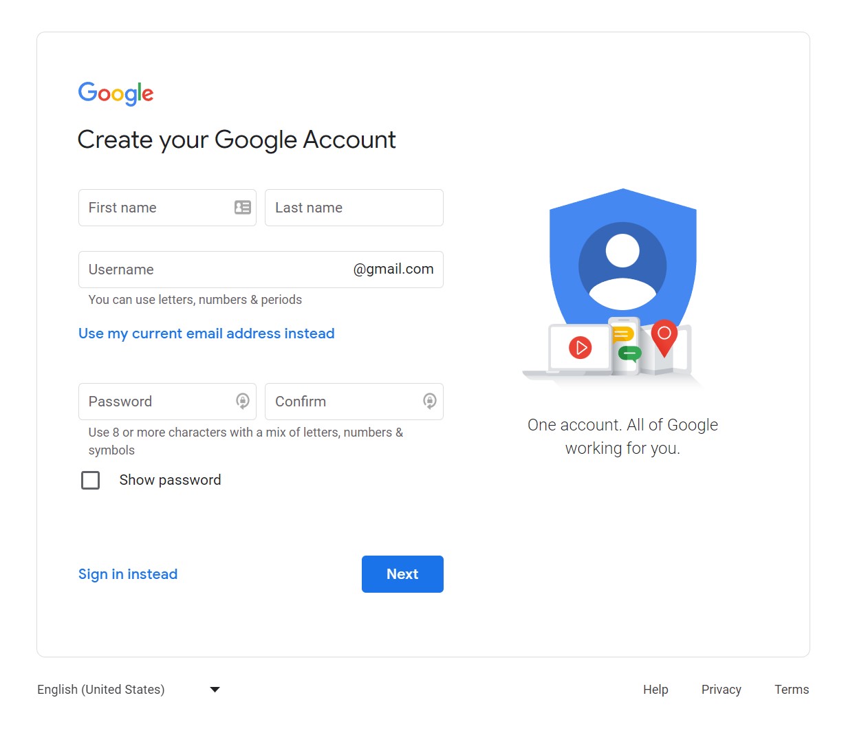 Create Google account page