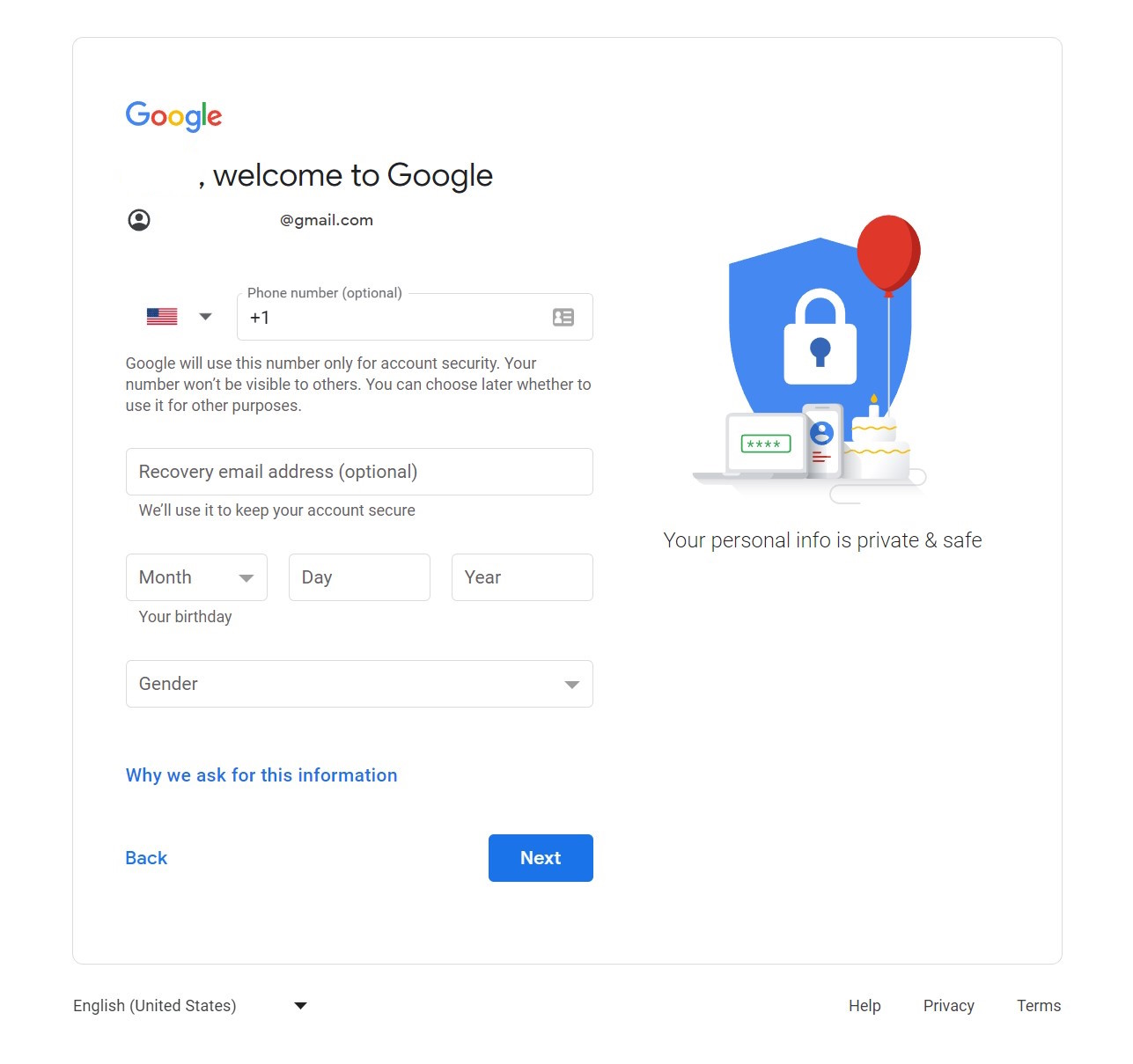 Create Google account second page