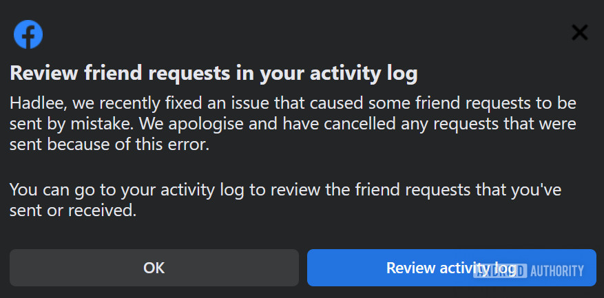 Facebook friend request glitch notification