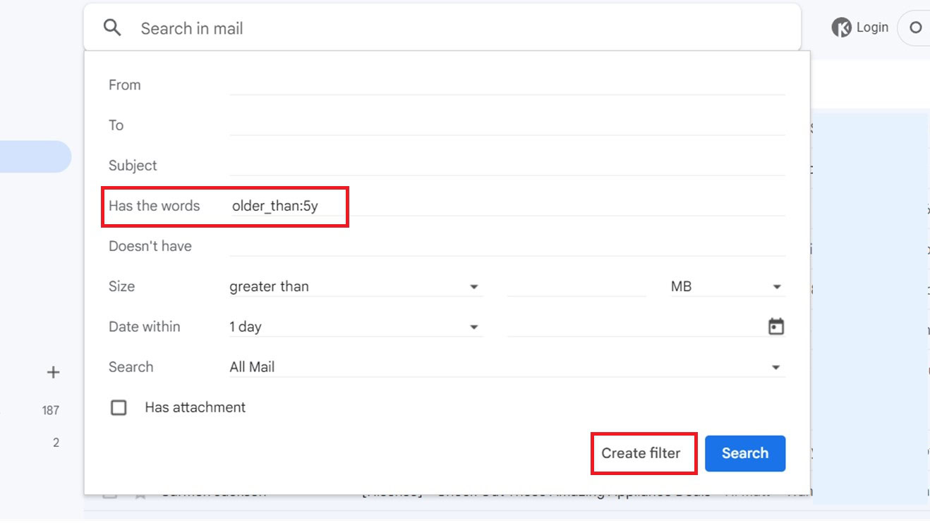 Search Options Create Filter to delete old emails in Gmail