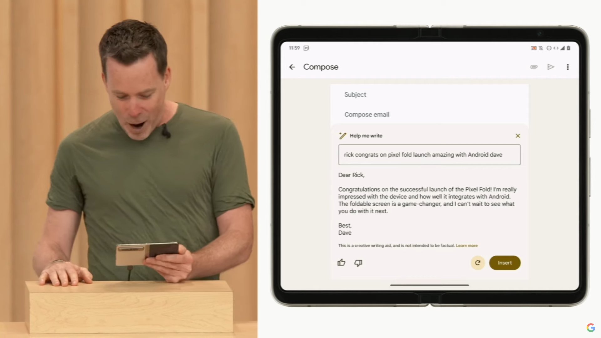 Google IO 2023 pixel fold help me write