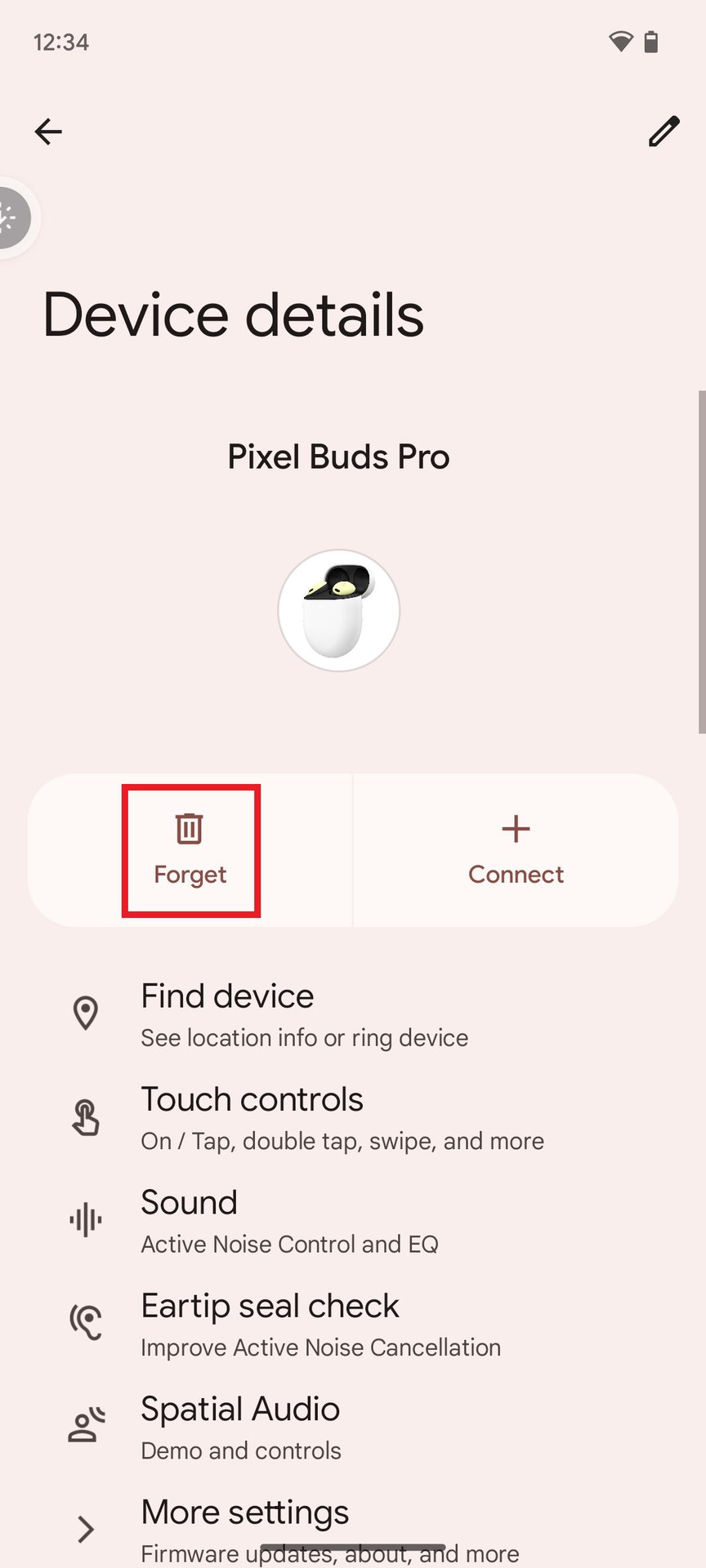 Google Pixel Buds Pro settings button forget device