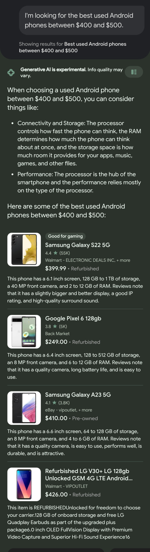 Google SGE Ai Search Results for Used Phones 2