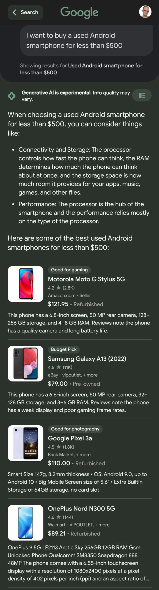 Google SGE Ai Search Results for Used Phones
