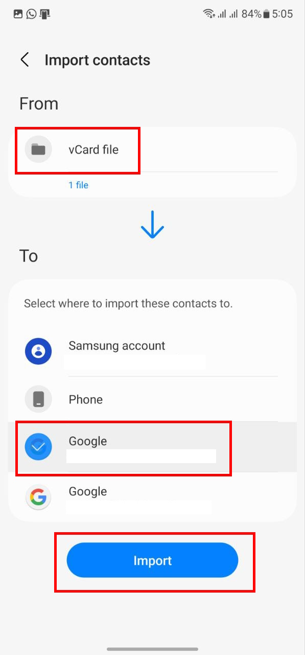 How to transfer contacts on Android Samsung vcard import 2
