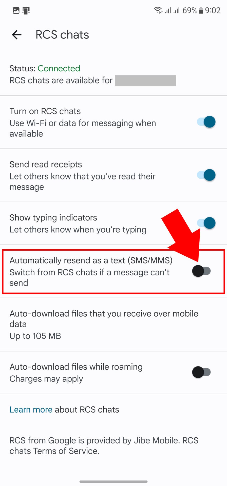 How to turn off SMS fallback on RCS to stop sent as sms via server messages 5