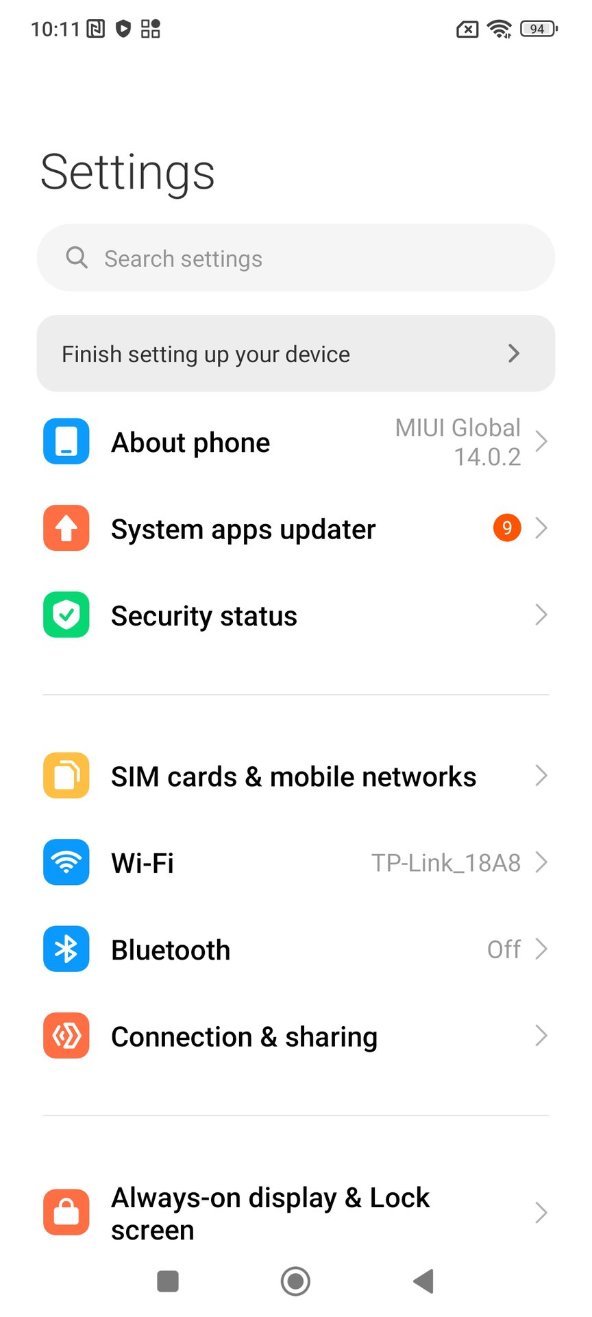 MIUI settings with device setup prompt