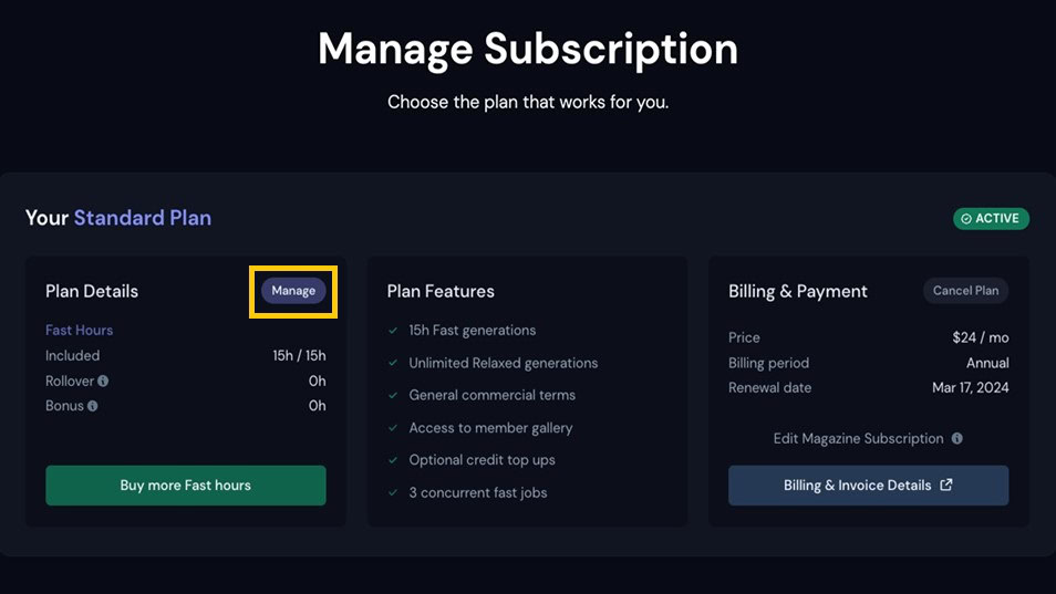 MidJourney Manage subscription page