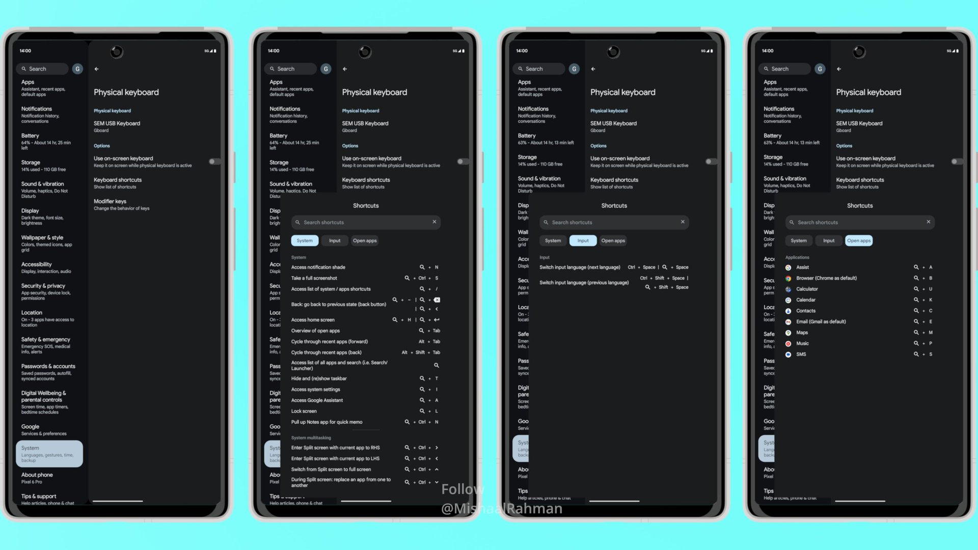 Mishaal Rahman Android 14 Keyboard Shortcuts