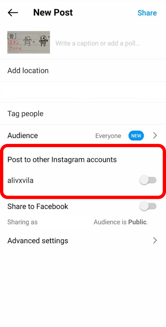 Instagram app new post to another instagram accounts