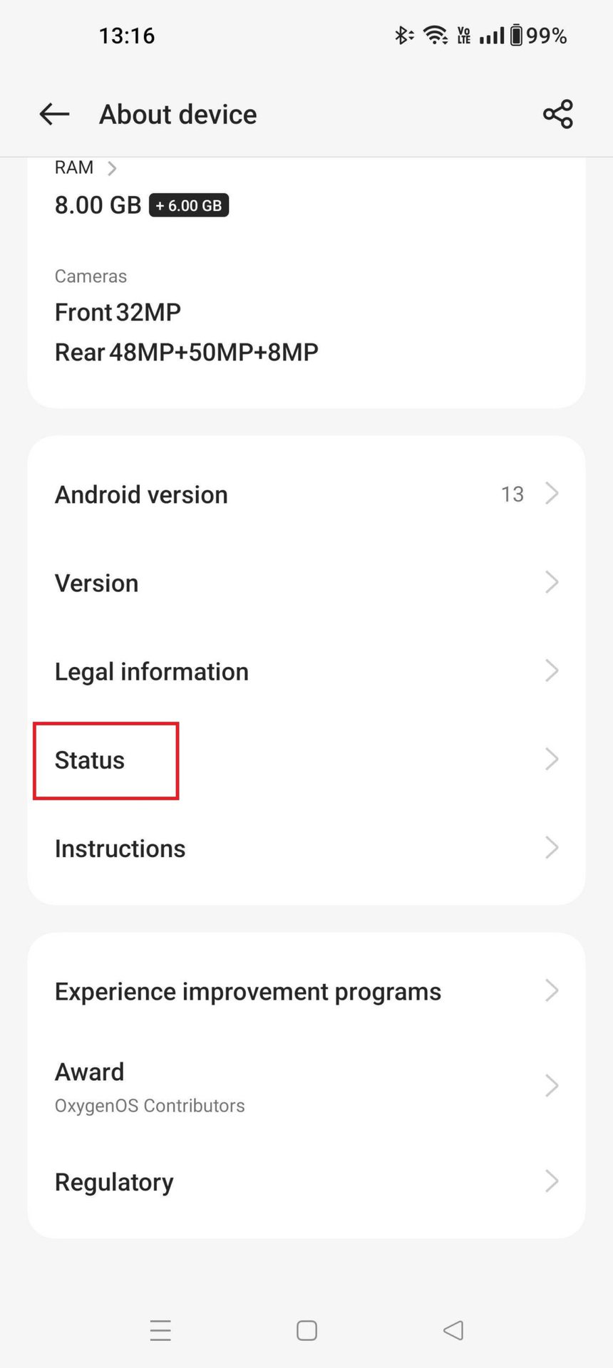 OnePlus 10 Pro About Device Menu