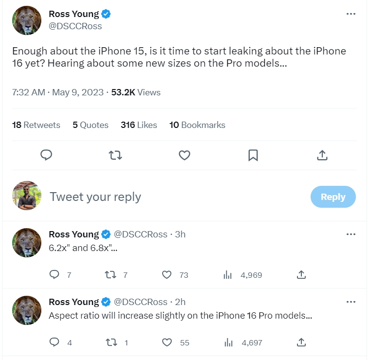 Ross Young on the iPhone 16 Pro screen size