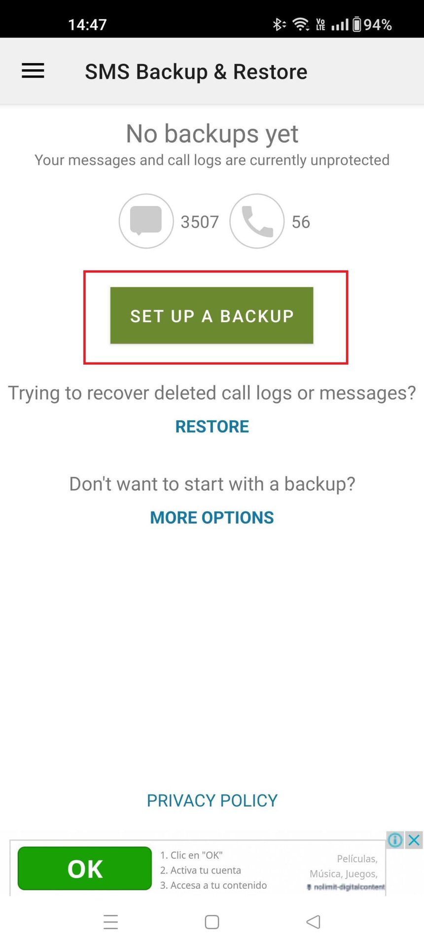 SMS Backup and Restore Setup a Backup