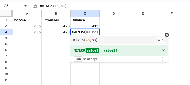 Minus formula in Google Sheets