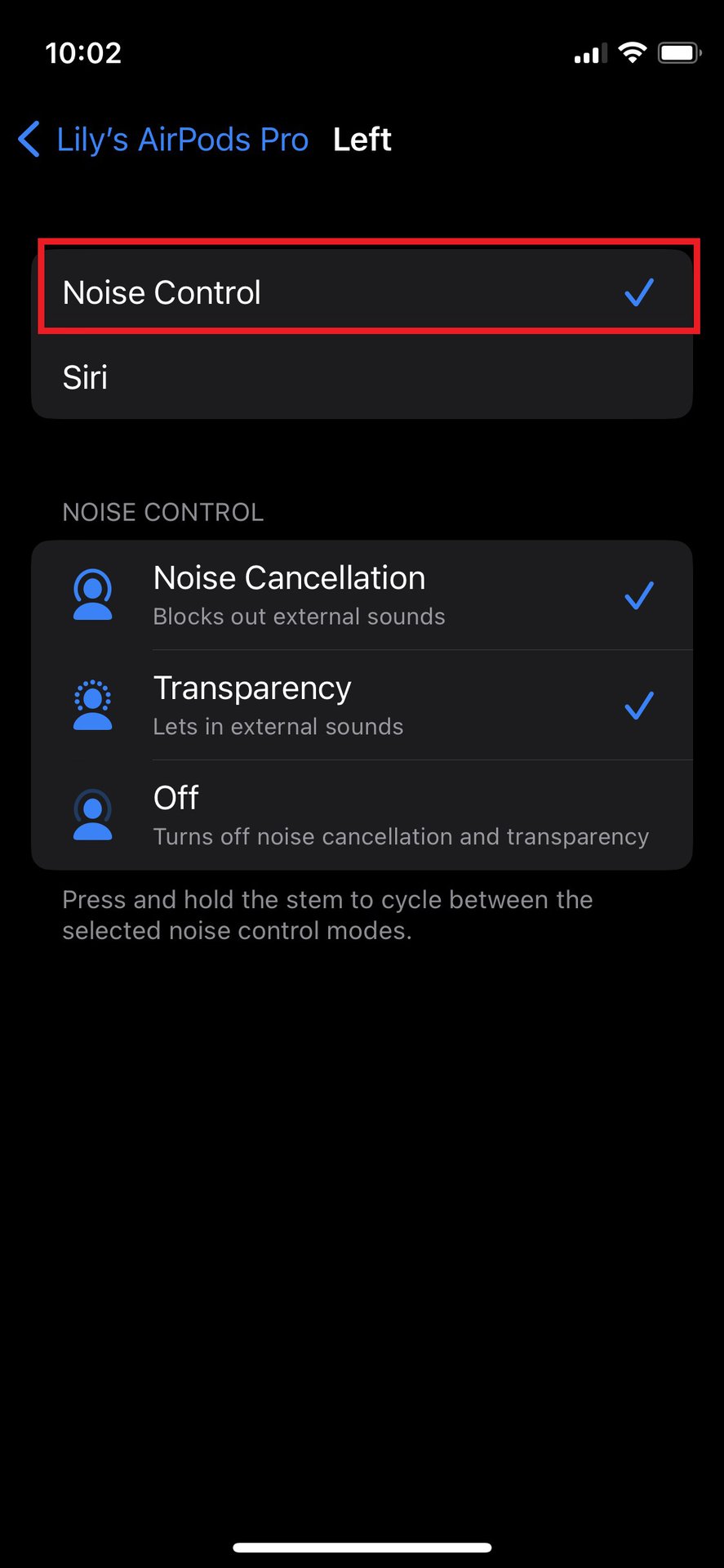 Settings AirPods siri on noise control off