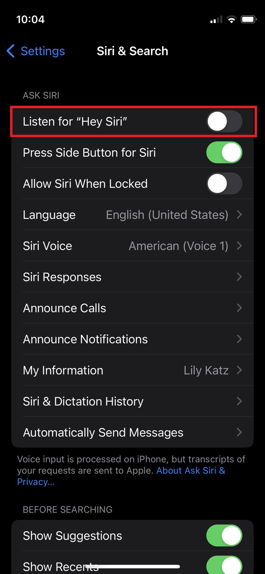 Siri and search settings listen off