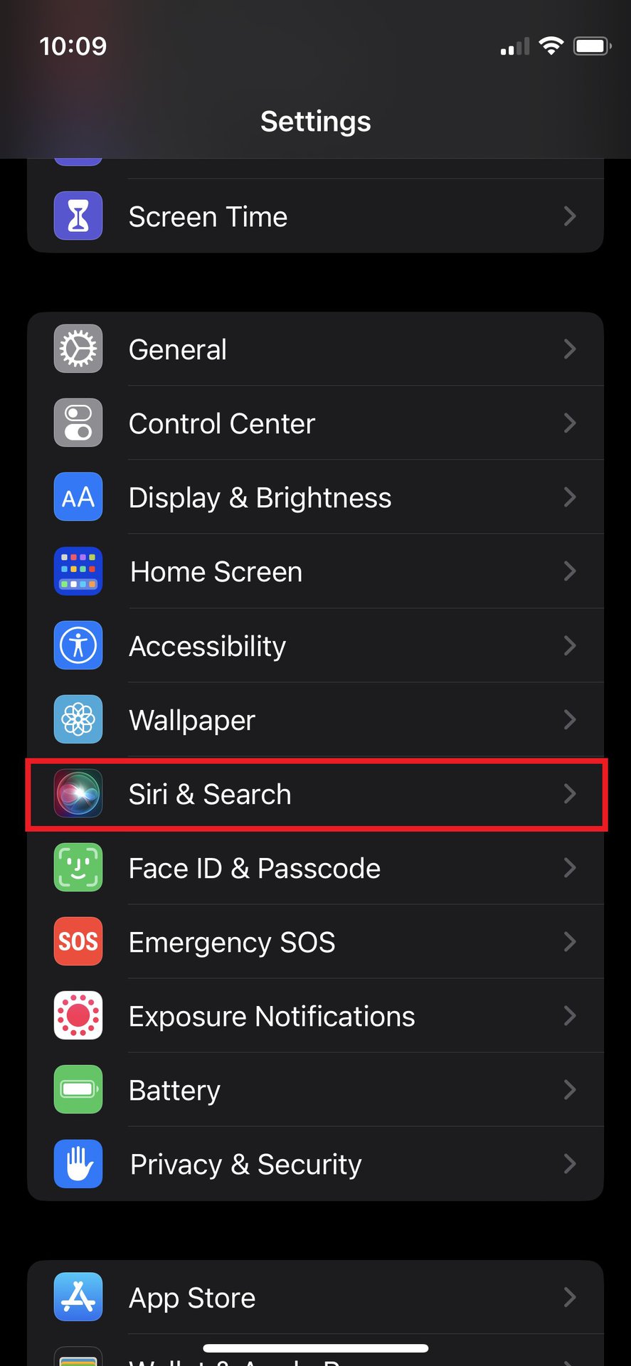 Siri and search settings menu