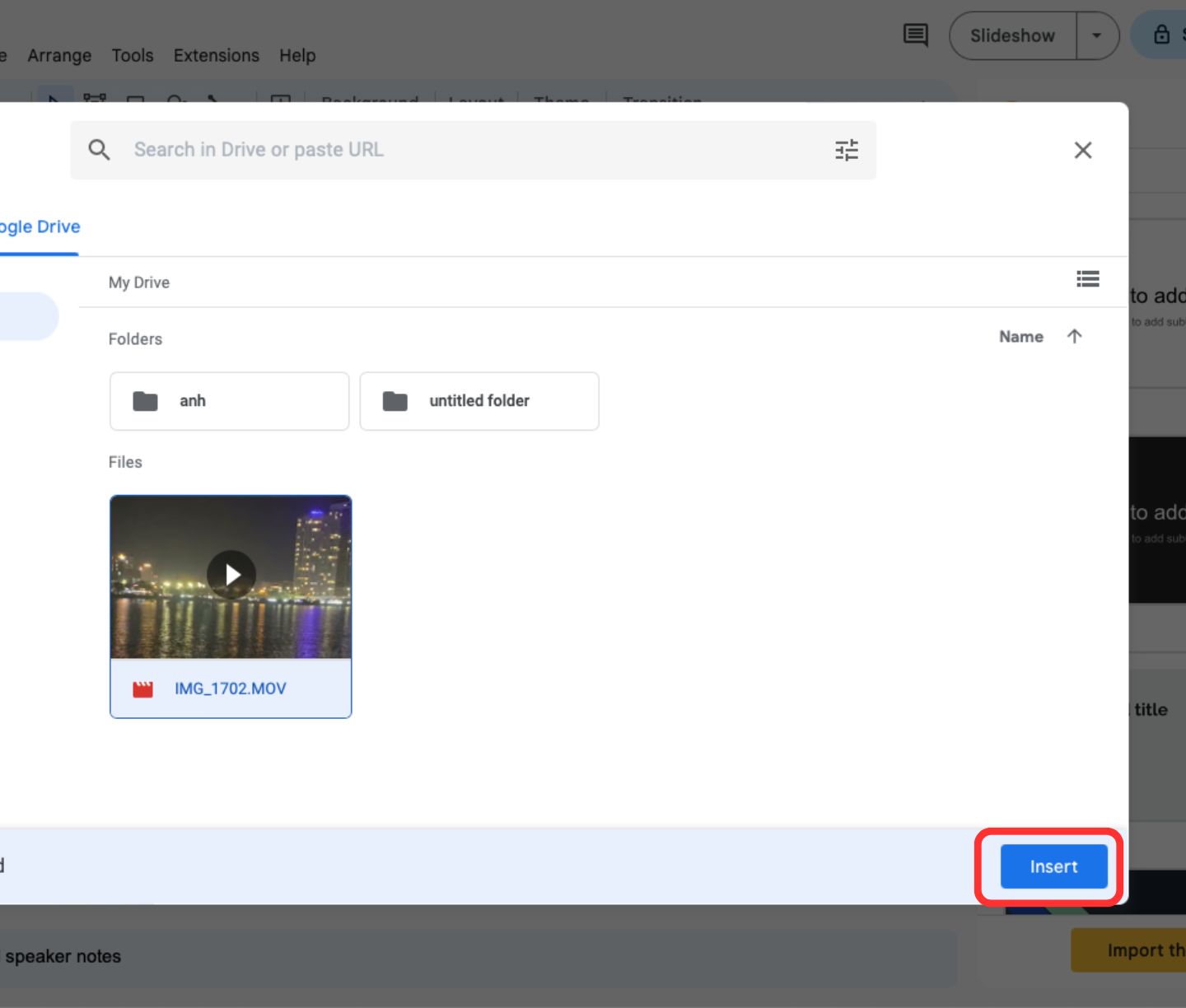 google slides insert video from drive